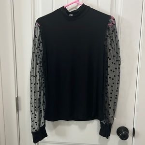NWOT Polka Dot Sheer Mesh Long Sleeve Slim Fit Top W/ Black Cuffs